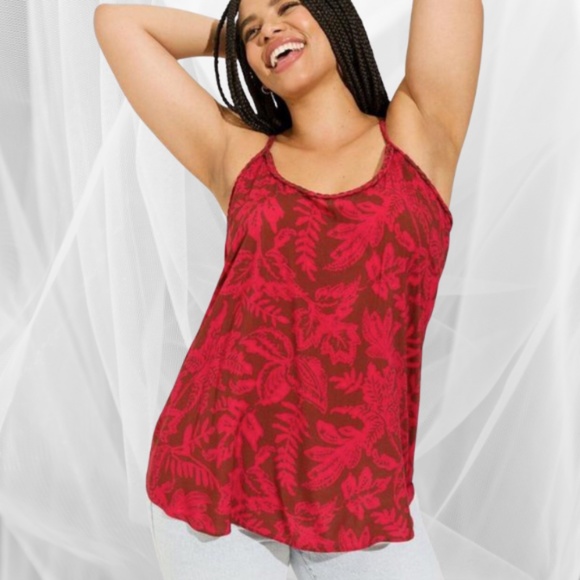 Torrid Camisole Challis Braided Sleeveless Tank Red Leaf Pattern Size 2X (18-20) - Picture 1 of 7